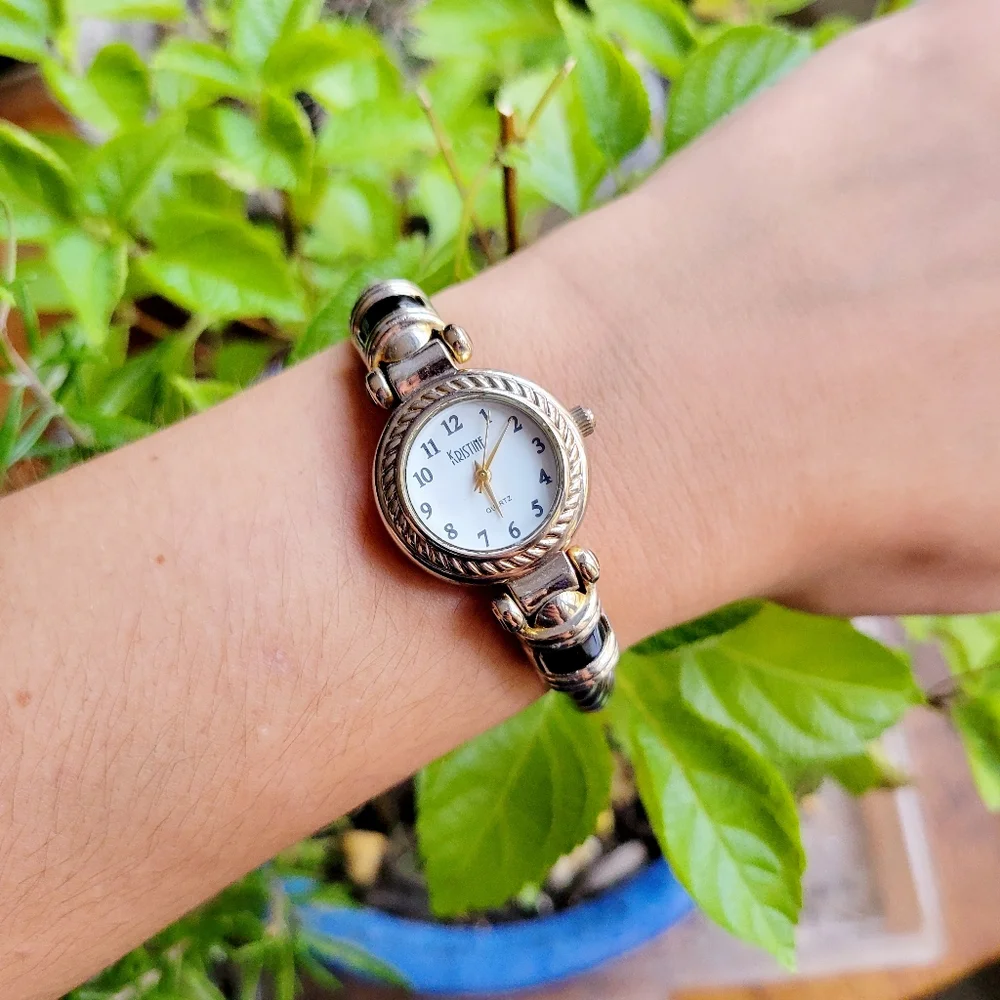 Classic Kristine Round Analog Silver Black & Gold Twist Cuff Watch
